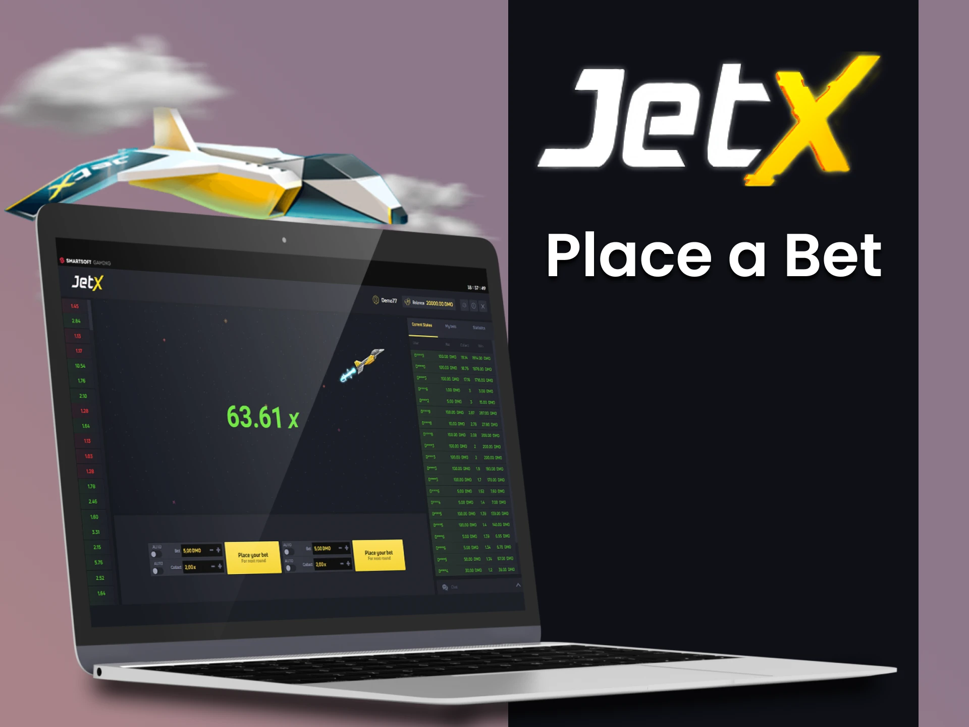Start placing bets in the demo version of the JetX game.