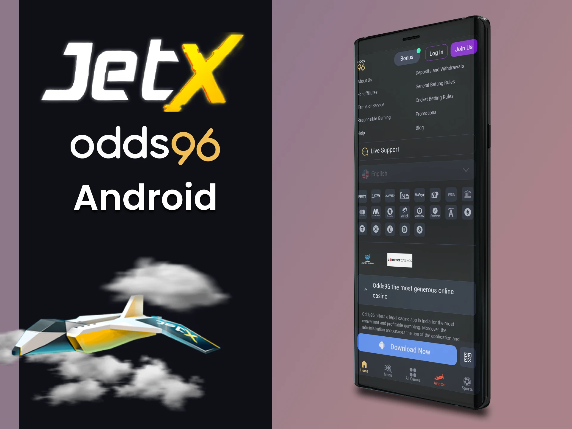 Install the Odds96 app on Android to play JetX.