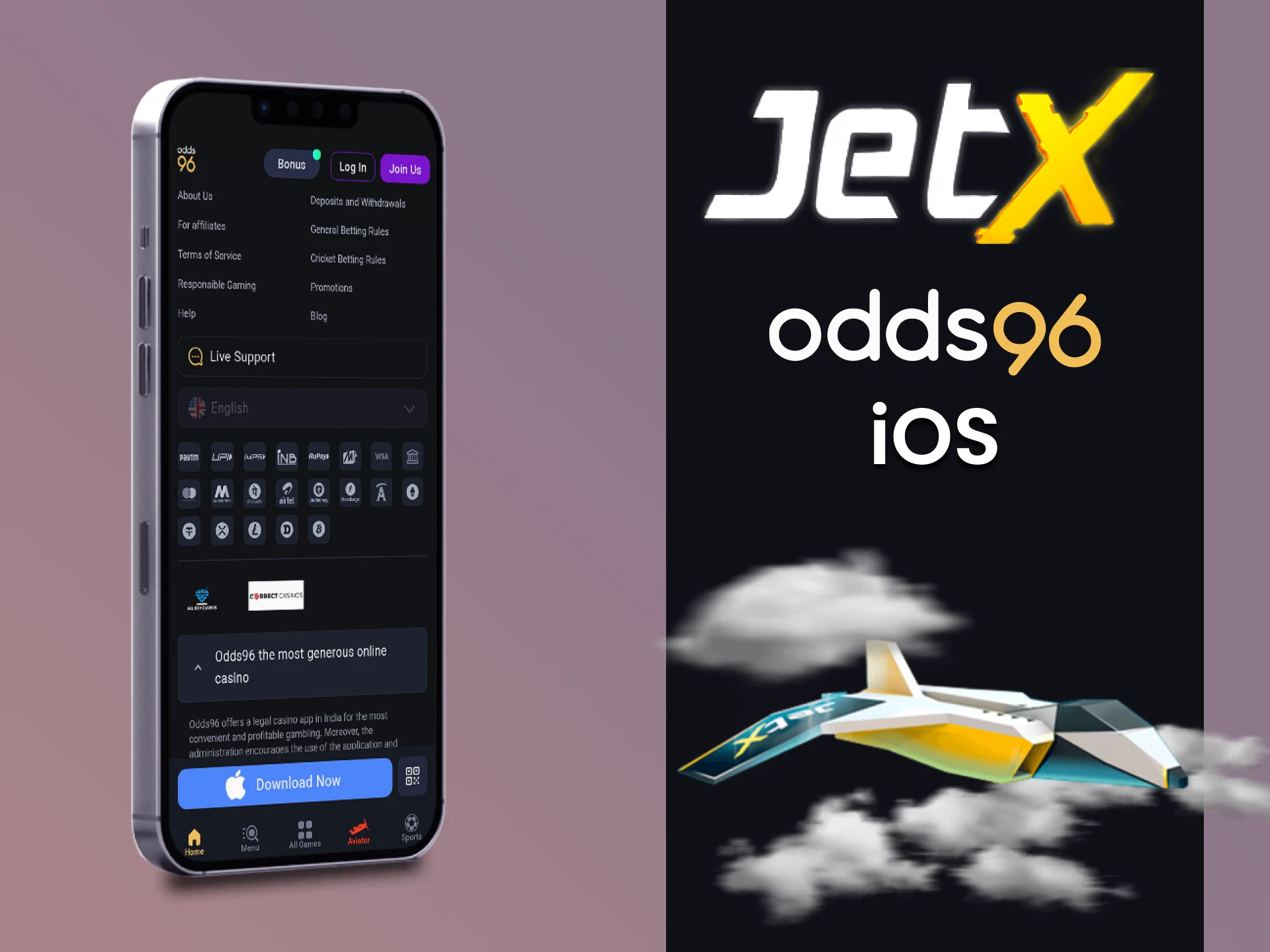 Install the Odds96 app on iOS to play JetX.