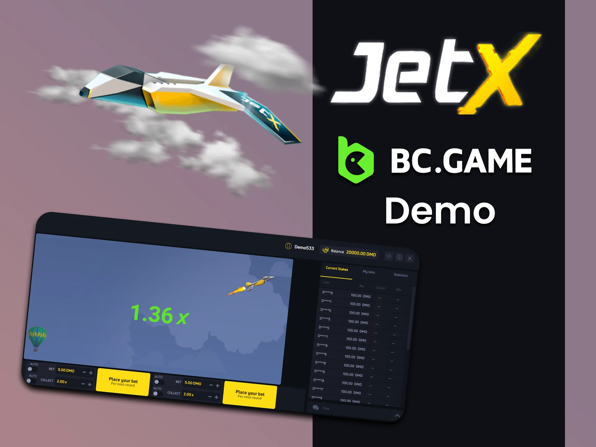 You can train in the demo version of JetX on BC Game.