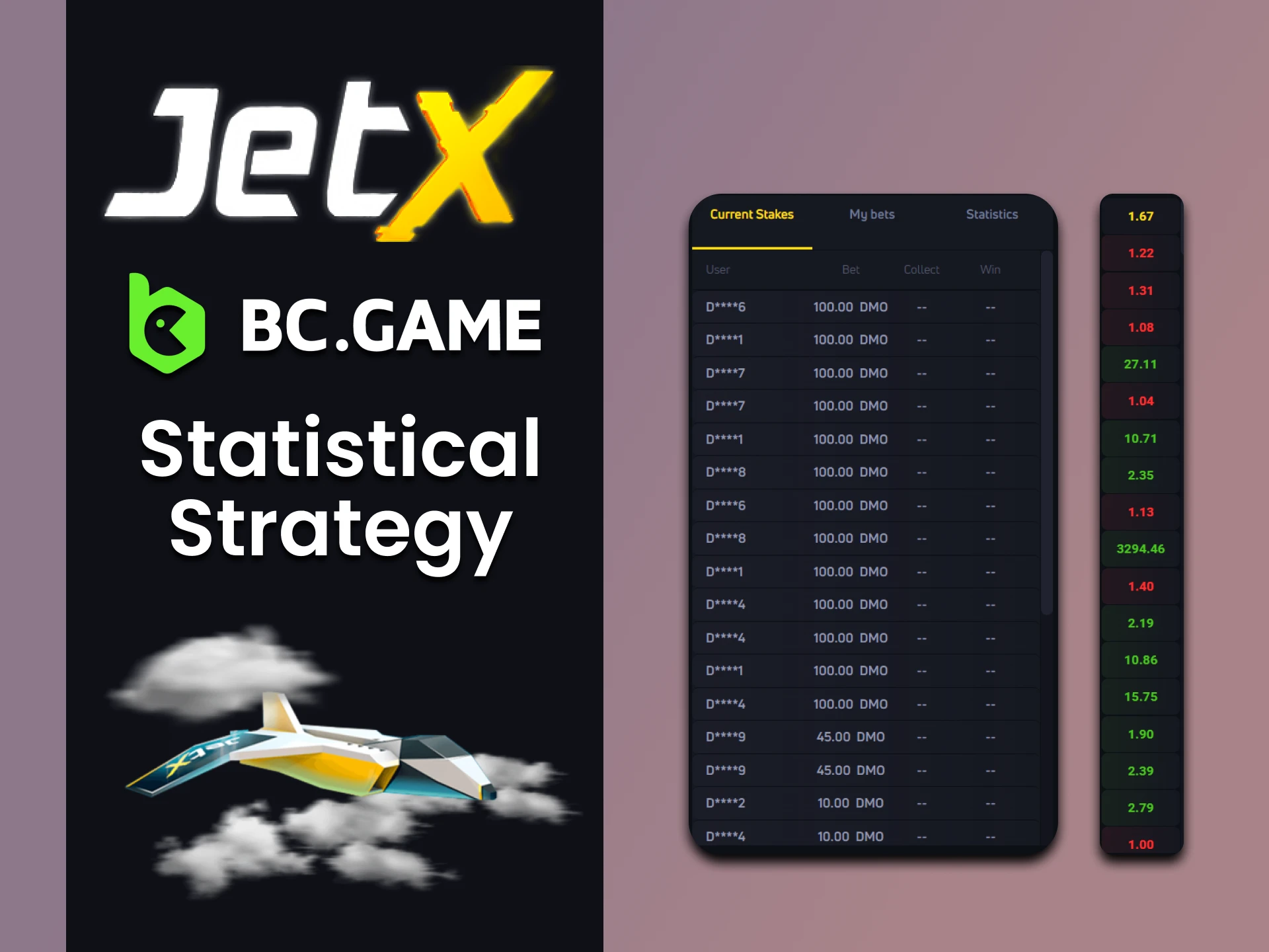 You can choose a strategy based on statistics in JetX games from BC Game.
