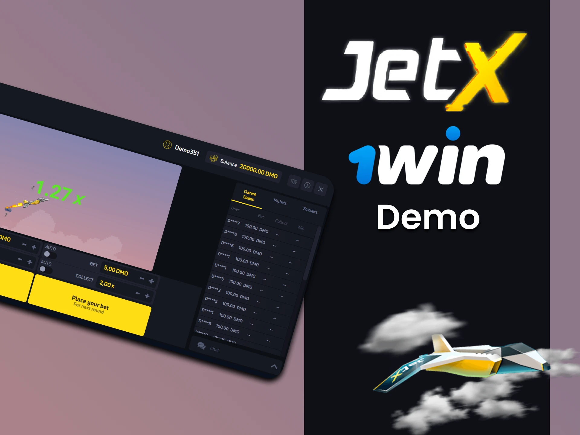 You can practice with the demo version of JetX on 1win.