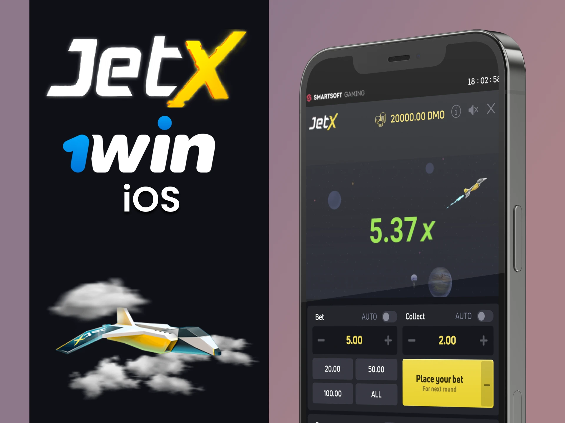 Play JetX in the 1win application for iOS.