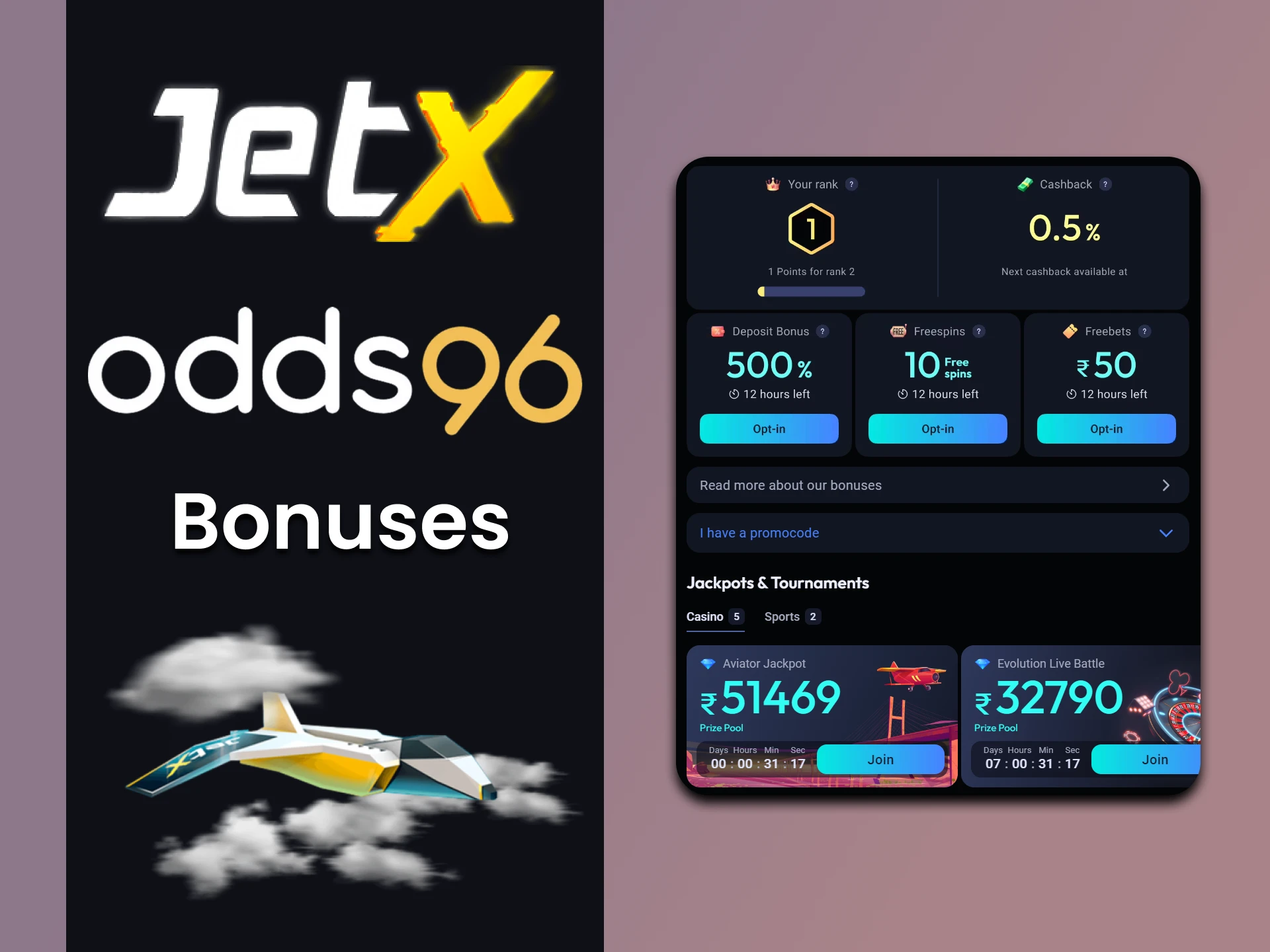 When playing JetX you receive bonuses from Odds96.